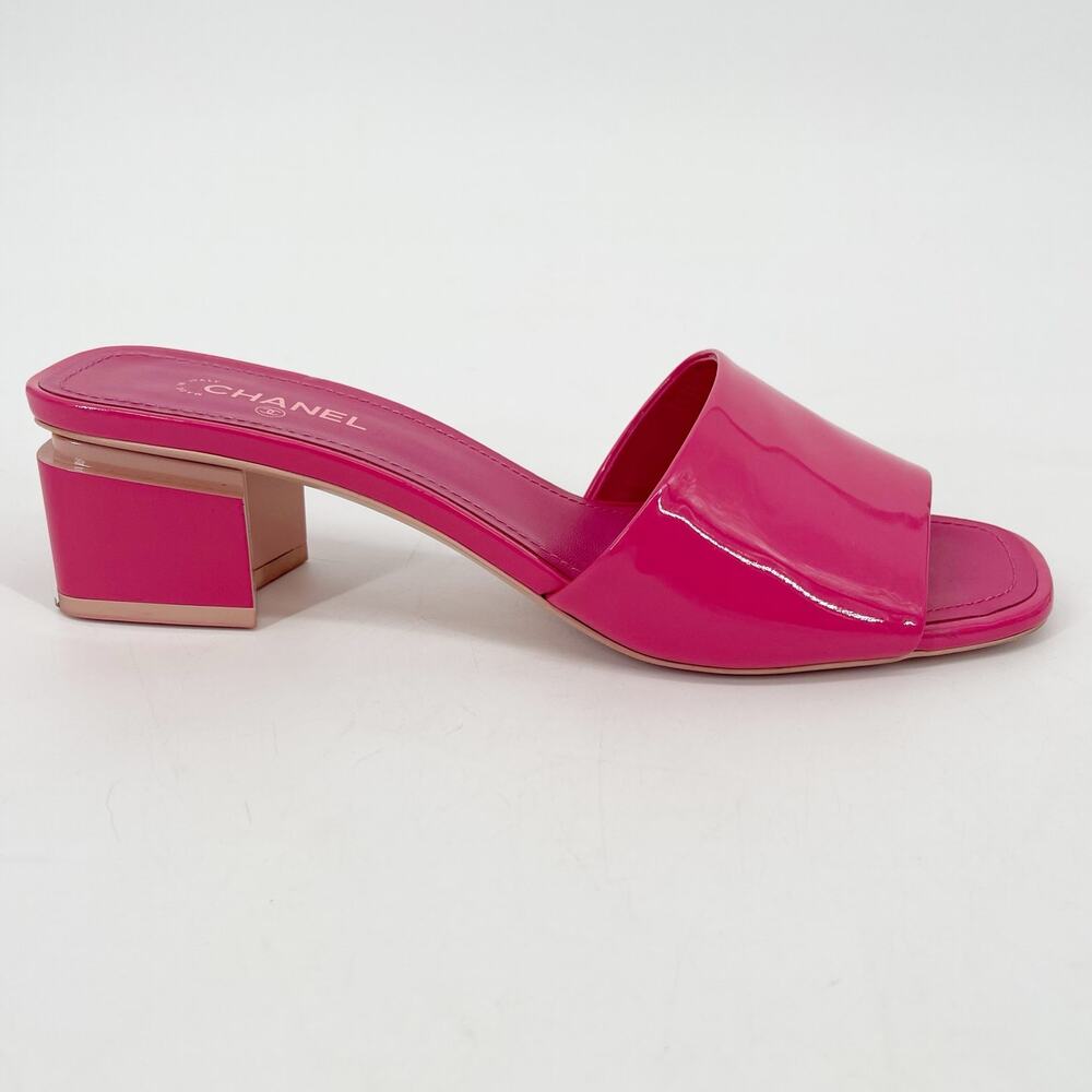 Chanel 2022 Pink Patent Calfskin CC Logo Low Block Heel Mules Sandals EU 38.5 - Picture 3 of 16